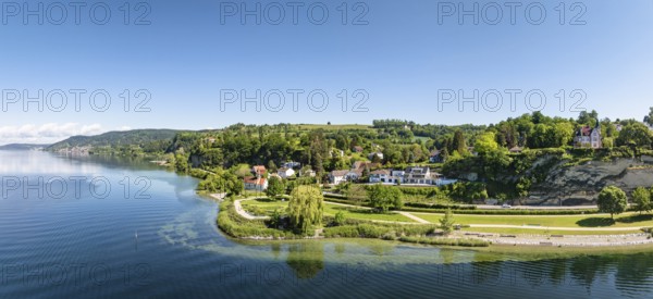 Aerial view, panorama of Lake Constance with the Landesgartenschaugelände and Uferpark, Goldbach,