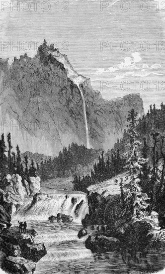 Wild Jotunheimen, highest mountains in Scandinavia, river with waterfall and cascades, coniferous
