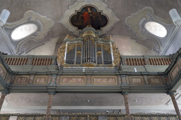 Organ loft, organ built in 1783 by Elias Hößler, Protestant town church of St. Maria, baroqueised