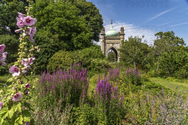 Garden and north entrance of the Royal Pavilion in the seaside resort of Brighton, England, Great