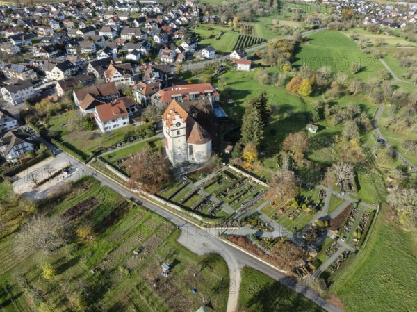 Aerial view of the municipality of Horn on the Höri peninsula with the church of St. Johann and