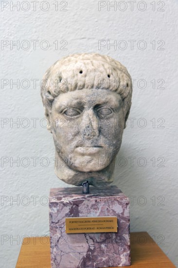 Carved marble Roman portrait head of a magistrate, archaeology museum, Apollonia Archaeological