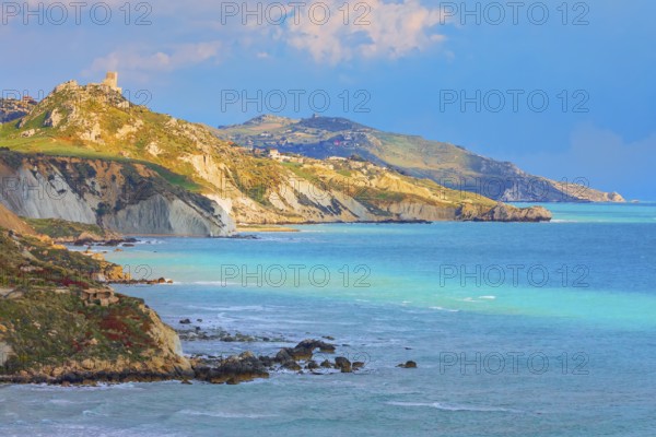 Chiaramontano castle, dominating Agrigento coast, Riserva Naturale di Punta Bianca, Palma di