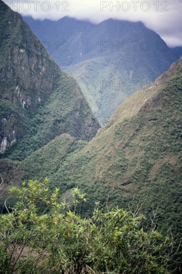 River gorge and mountain peak of Machu Picchu, Peru, South America c 1962 Urubamba River or