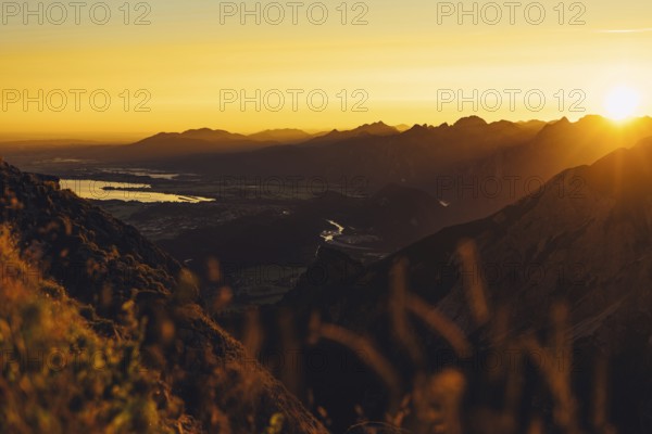 View from the Aggenstein and the foothills of the Alps in Ostallgäu and the Ammergebirge at