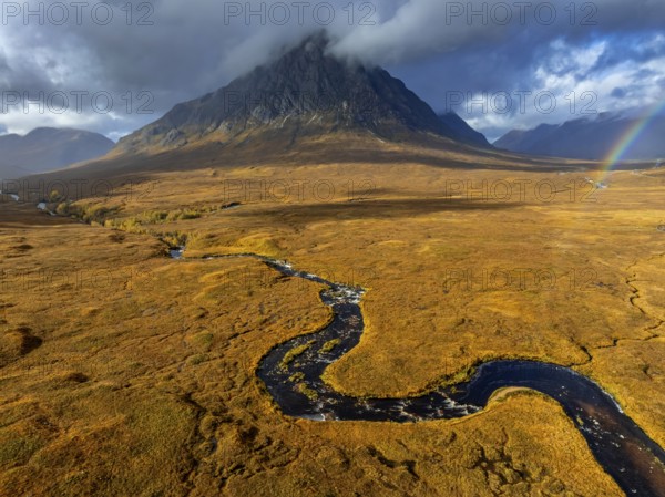 Morning light, cloudy mood, river, moor, mountain landscape, aerial view, rainbow, autumn, view of