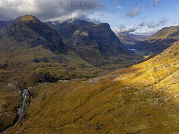 Cloudy mood, morning light, road, valley, mountains, aerial view, autumn, Glencoe, Three Sisters,