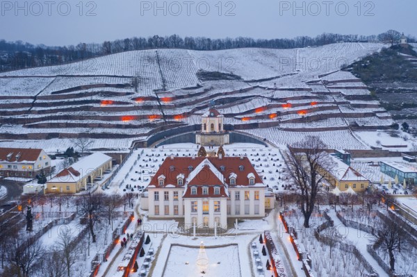 Aerial view of Wackerbarth Castle with castle park, belvedere and vineyards with snow and Christmas