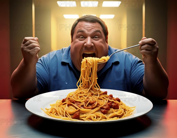 A very fat man sits in front of a plate of spaghetti and eats, symbol image calories, weight,
