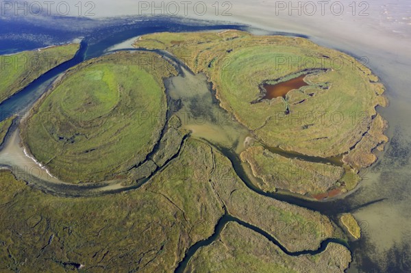 Aerial view over channels and salt marshes of the island group of Kleiner Werder, Kleine Werder in