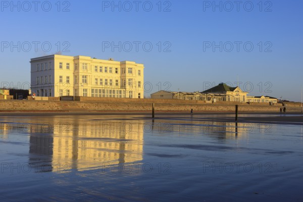 Development on the west beach in the evening light, Norderney, Lower Saxony, Germany, Europe