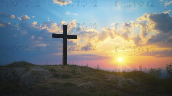 Easter concept cross on Golgotha Calvary hill against a dramatic sunset, AI generated