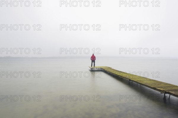 Man on wooden jetty at Großer Plöner See, Great Plön Lake, Lake Plön, Grosser Ploener See in