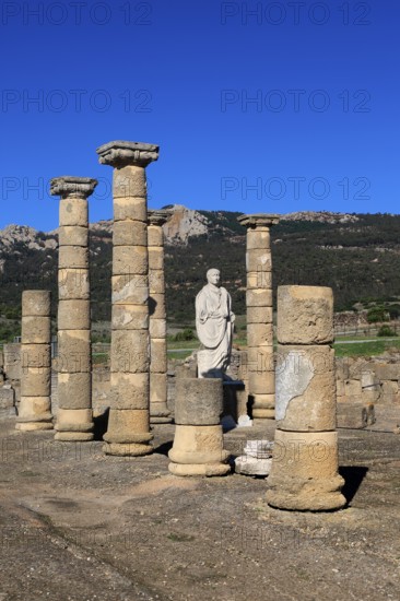 Statue of Emperor Trajan in the forum, Baelo Claudia Roman site, Cadiz Province, Spain, Europe