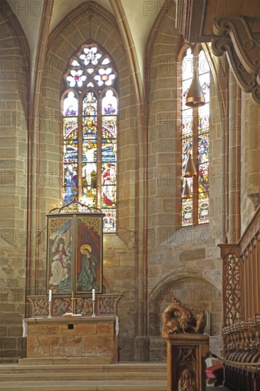 Altar with painting and stained glass window with crucifix Stained glass, arts and crafts,