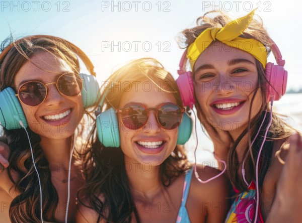 Sexy young ladies listening to modern hip hop and rap music in colorful headphones at party, AI