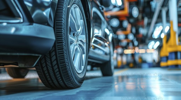 Car repairman in service garage replacing wheel of the broken car, AI generated