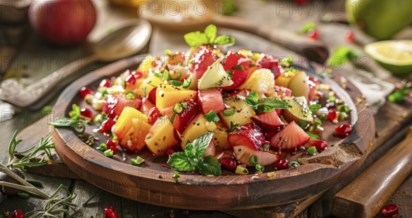 A plate of fruit salad with strawberries, kiwi, oranges and other fruits, AI generated