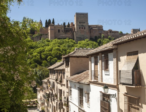 Cuesta de la Victoria in the Albaicin district, Granada, Spain view over to the Alhambra