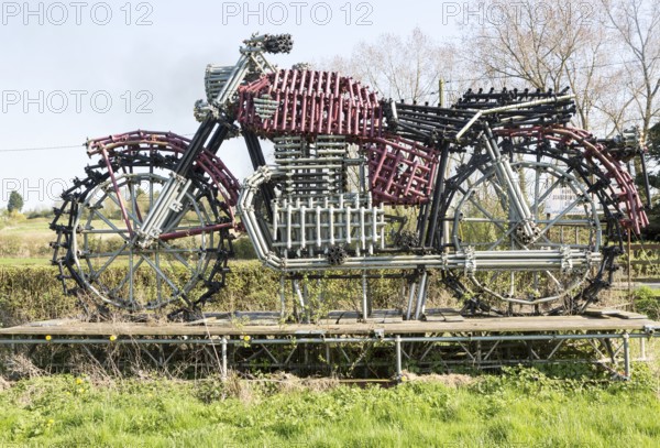 Large model motorcycle made from steel tubing, Calne, Wiltshire, England, UK
