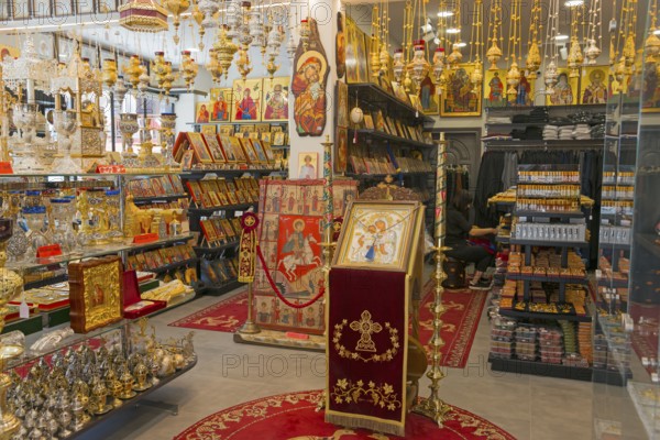 Shop interior full of religious artefacts and Orthodox souvenirs, Ouranoupoli, City of Heaven,