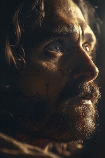 Profile portrait of jesus christ in dramatic lighting, generative AI, AI generated