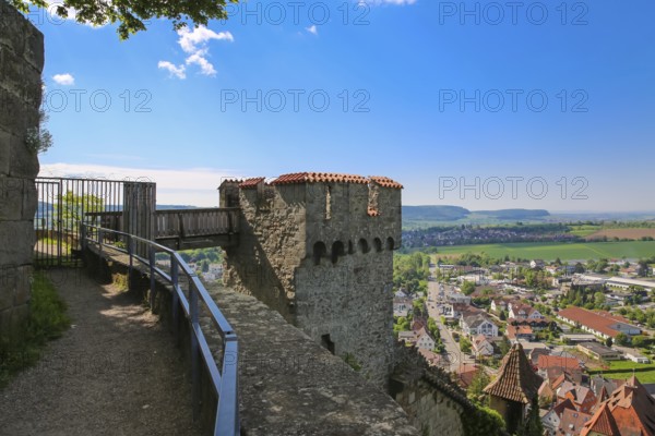 Bridge, view of small town, houses, roofs, Hohenbeilstein Castle, hilltop castle, Beilstein,