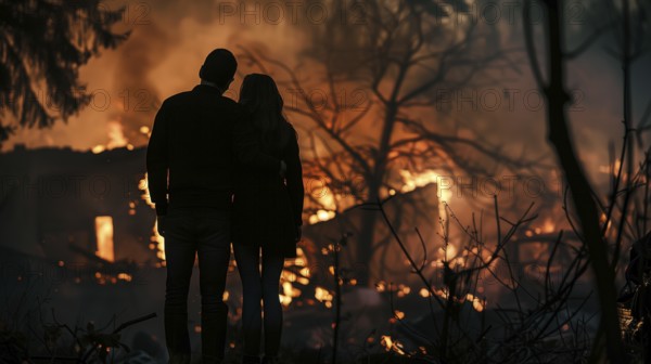 Couple embracing standing stunned gazing at the fire ruins of their home. generative AI, AI
