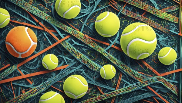 Vibrant mix of abstract circuitry intertwined with tennis balls, representing AI role in
