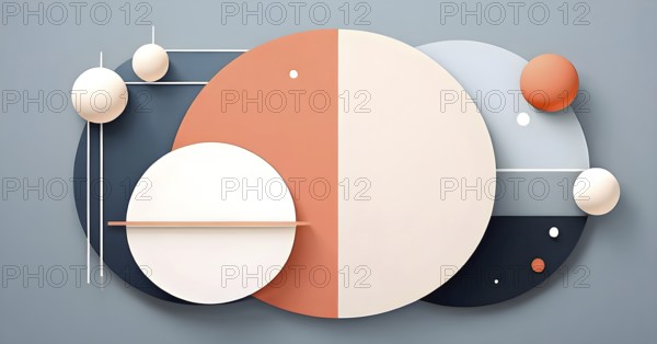 Minimalist composition of overlapping geometric shapes, such as circles, squares, and triangles,