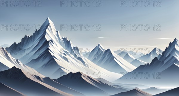Abstract mountain range made of clean, geometric shapes with varying tones of grey and white, AI