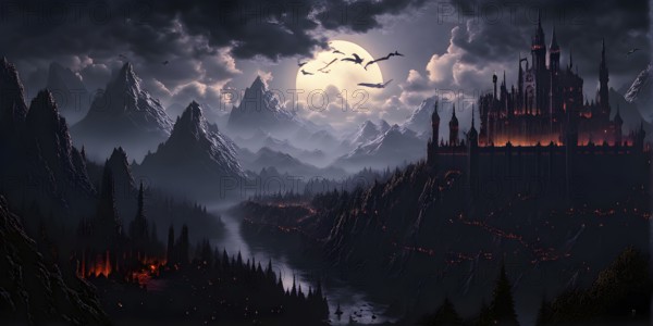 Pixel art illustration of a sprawling fantasy kingdom with majestic castle perched atop a hill, AI
