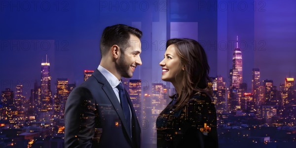 AI generated profile of business professionals with a double exposure of city lights, representing