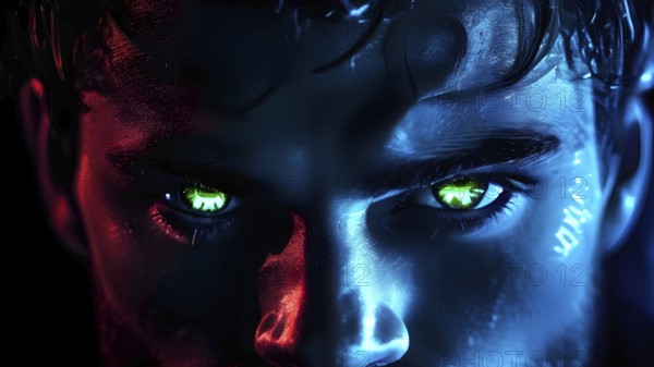 Portrait of a male with yellow eyes in blue neon light, AI generated