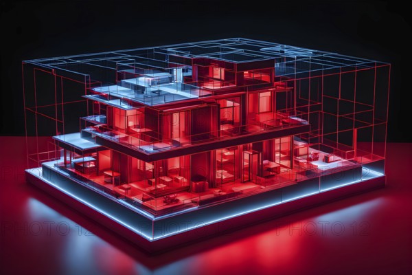 Hologram red modern house architecture wireframe on table, ai generated, AI generated