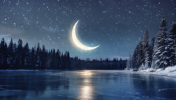 Tranquil winter night scene with a crescent moon and stars shining brightly over a frozen lake,
