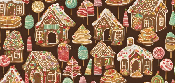 Abstract wallpaper illustration of of gingerbread house decoration, AI generated