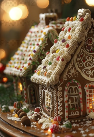 Gingerbread house decorations, focusing on the intricate icing details, colorful candy, and soft,