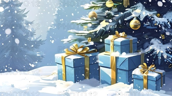 Abstract illustration of wrapped Christmas gifts, shiny ribbons and bows, stacked under a