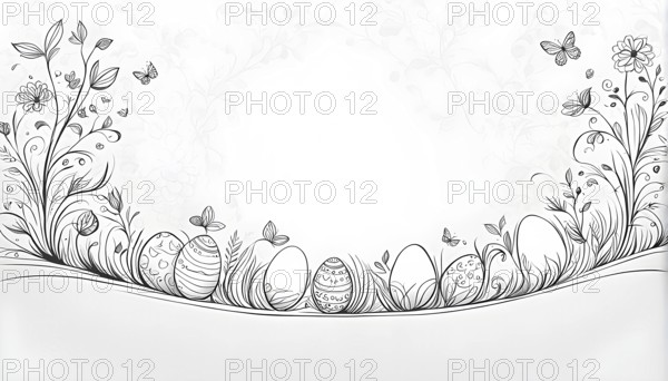 Abstract illustration of a Easter card with delicate hand-drawn illustrations, empty space for