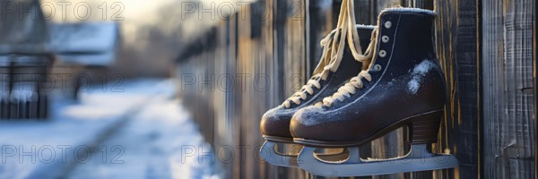 Pair of vintage ice skates hanging by their laces on an old wooden fence with frost and snow gently
