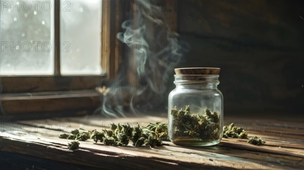 Glass jar filled with dried cannabis buds on a weathered wooden counter, AI generated