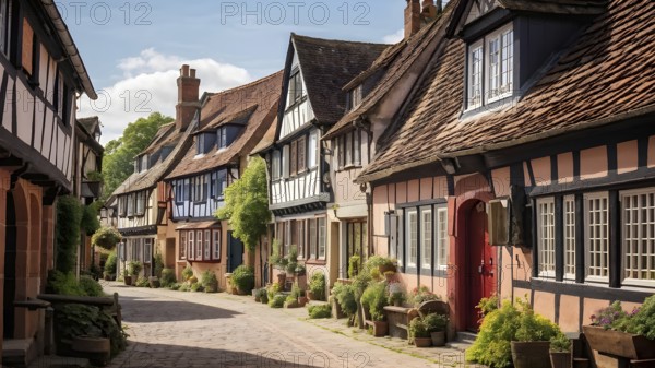 Traditional half timbered house nestled within the heart of a picturesque village in golden hour