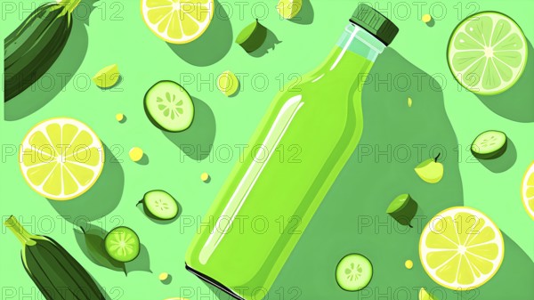 Abstract wallpaper composition with bottle of delicious green detox juice and fruits and