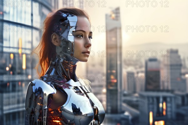 Digital representation of a multiple exposure photograph featuring a cyber human and an urban