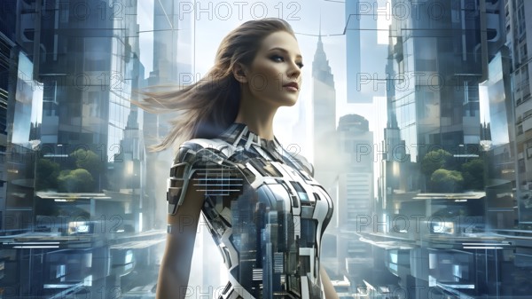 Digital representation of a multiple exposure photograph featuring a cyber human and an urban
