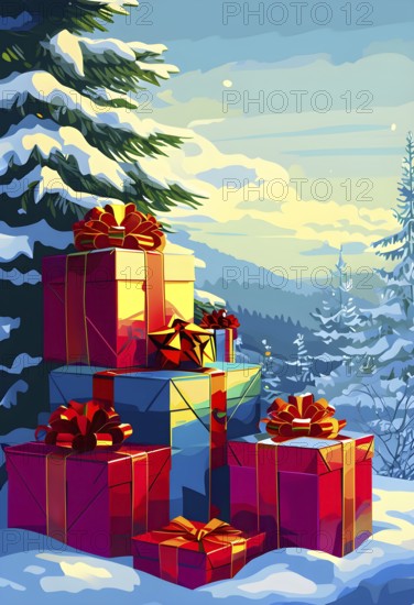 Abstract illustration of wrapped Christmas gifts, shiny ribbons and bows, stacked under a