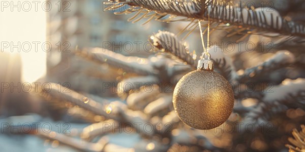 Christmas banner with single golden bauble ornament on tree and blurry city in background,