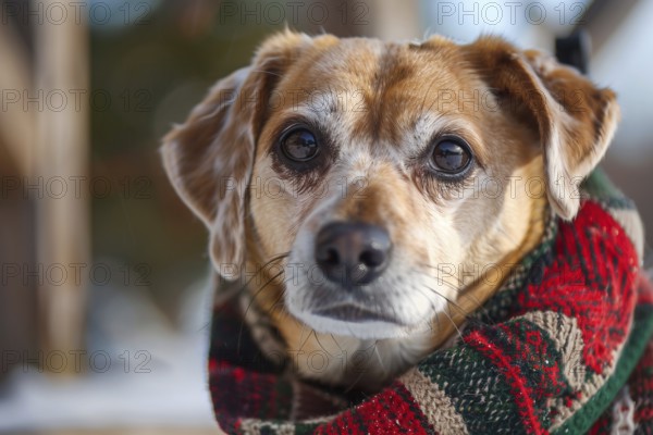 Close up of dog wrapped in warm knitted winter scarf. Generative AI, AI generated