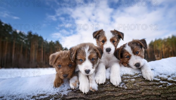 KI generated, dog, dogs, puppy, one, two, three, play, snow, winter, autumn leaves, blue sky,